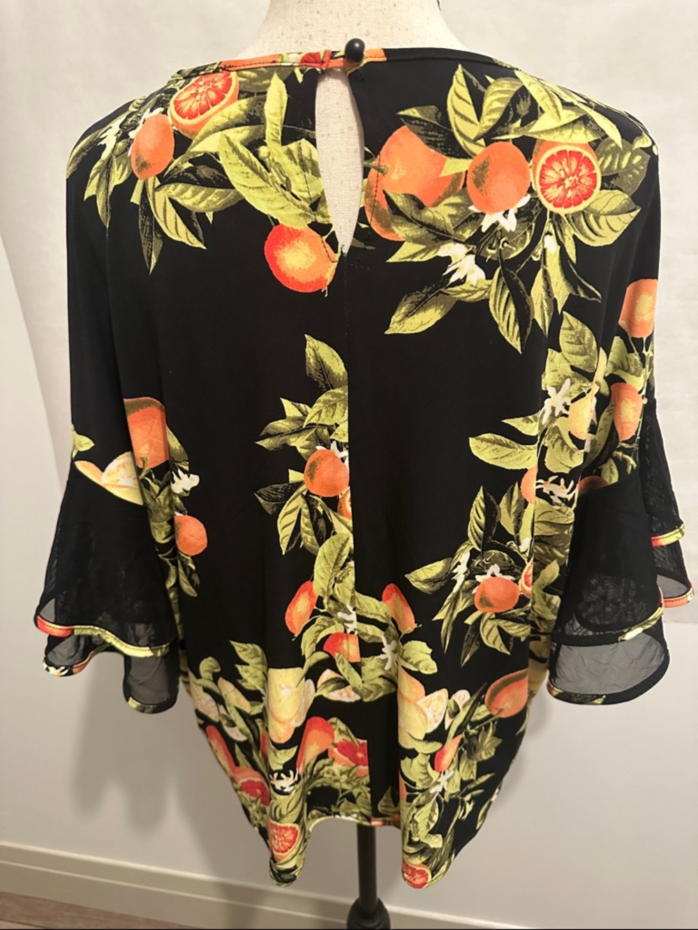 Joseph Ribkoff Black Citrus-Print Tunic Orange & Green Botanical Mesh Sleeves - Picture 5 of 8